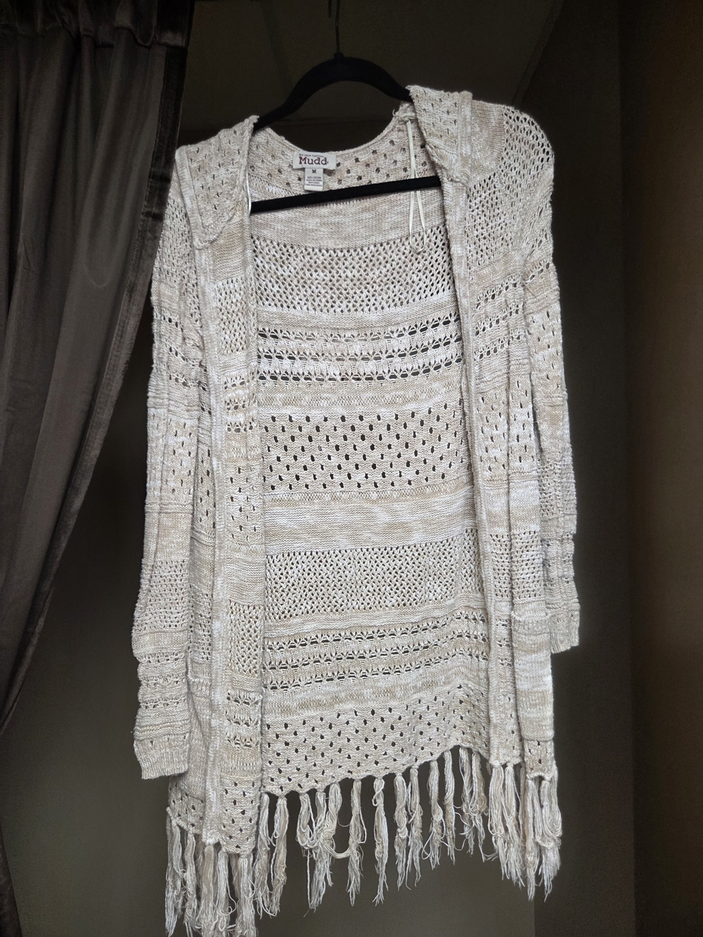 Mudd Cream Open-Knit Hooded Fringe Cardigan